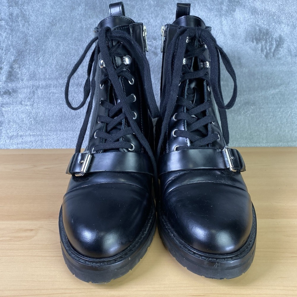 All Saints Boots Womens 39 US 9 Black Donita Leather Combat Buckle Cap Toe Lug - Picture 3 of 16